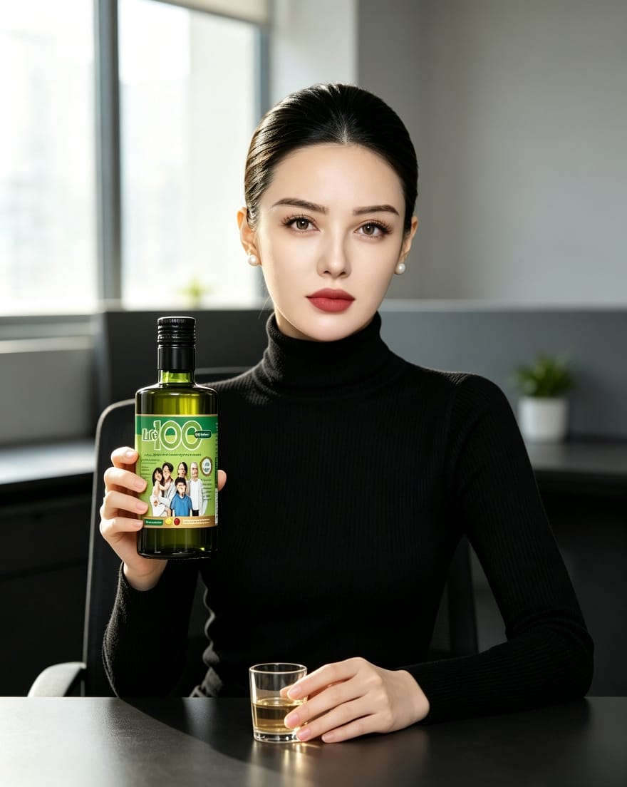 A woman holding a bottle of Life 100 in her daily routine